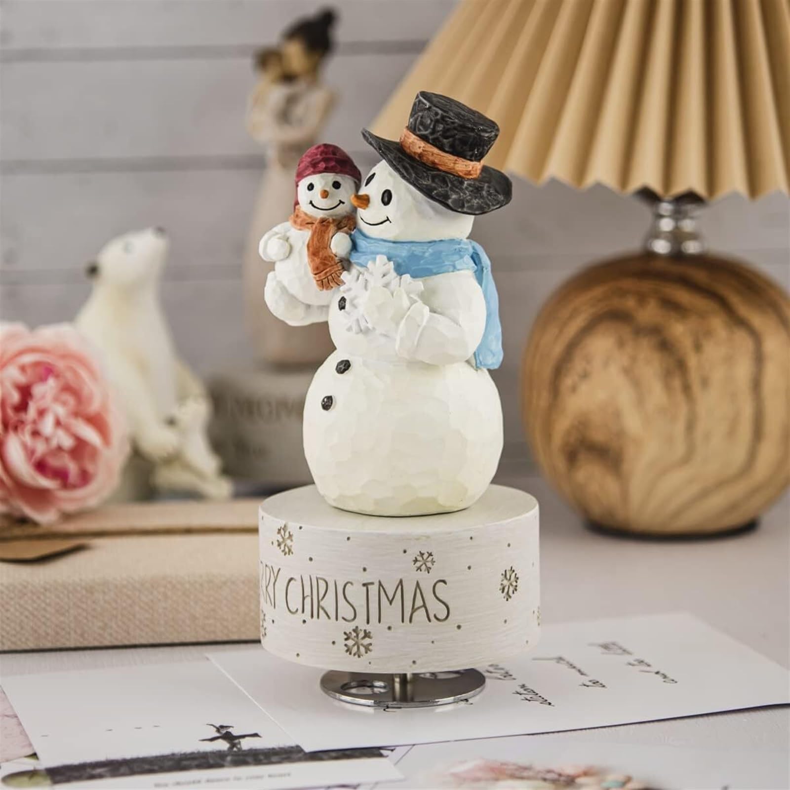 木製雪だるまの馬乗り飾りオルゴール